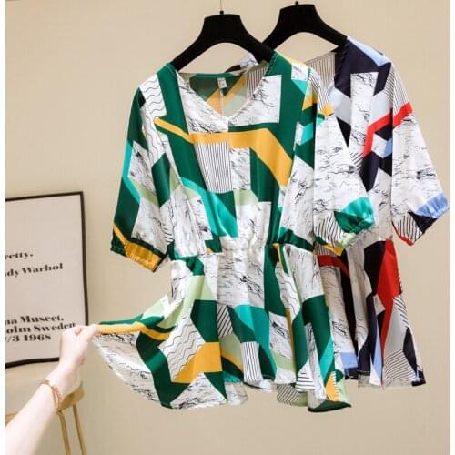 Printed V-Neck Chiffon Plus Size Oversized Korean Fashion Summer WomenS Clothing Vintage Shirts Blouses Top New Vetement 2021