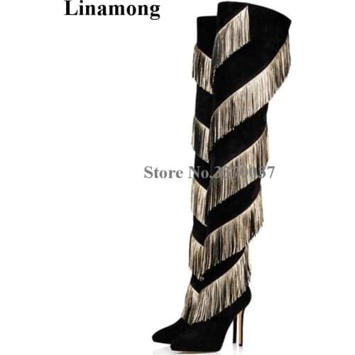 Women Charming Fashion Pointed Toe Stiletto Heel Gold Tassels Over Knee Boots Suede Leather Fringes Long High Heel Boots