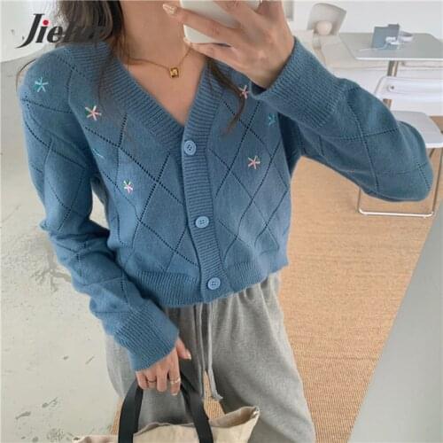 Jielur Autumn Winter Short Cardigans Sweater Women Embroidery V-neck New Pull Femme Chic Slim Hollow out Cardigan Sweaters