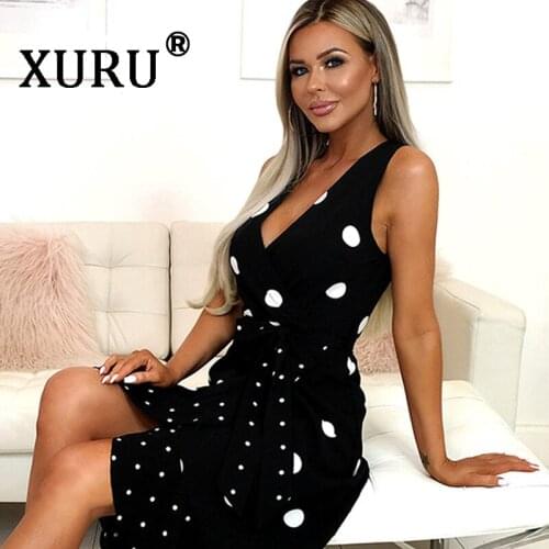 XURU Summer New Hot Womens Print Dress Polka Dot Irregular Dress Sexy Ruffled Lace V-Neck Dress