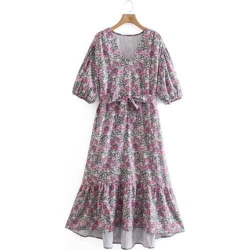 Ladies Floral Print Dress Mid-sleeve V-neck Mermaid Dress Sweet Girl Cute Cocktail Party Dress
