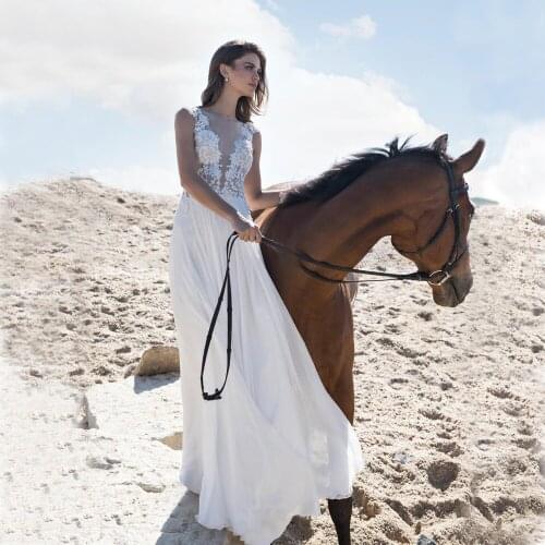 Vestido De Noiva Boat Neck Chiffon Lace Applique Illusion Back Mine Wedding Dresses 2020 Simple Modest Bohe Bridal Gowns