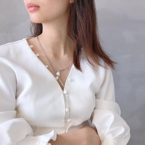 1PC 100% Authentic 925 Sterling silver Baroque irregular pearl &Link Rolo Chain pendant Y necklace TLX443