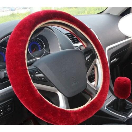 2pcs Winter Warm Fluffy Universal Car Steering Wheel Covers+ Plush Gear Cover Set Car Seat Cover Interior Accessories for 38cm