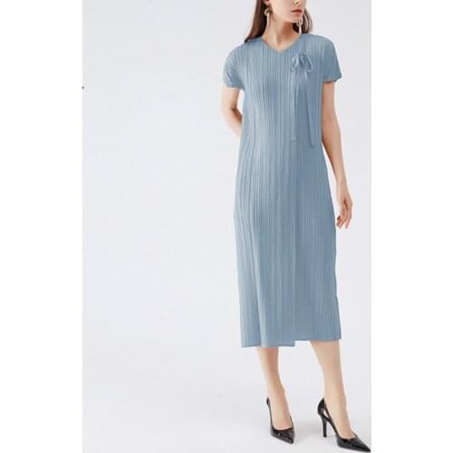 2021 Summer Pleated Dress For Women V Neck Short Sleeve Hign Waist Casual Slim Female Party Elegant Dresses E371