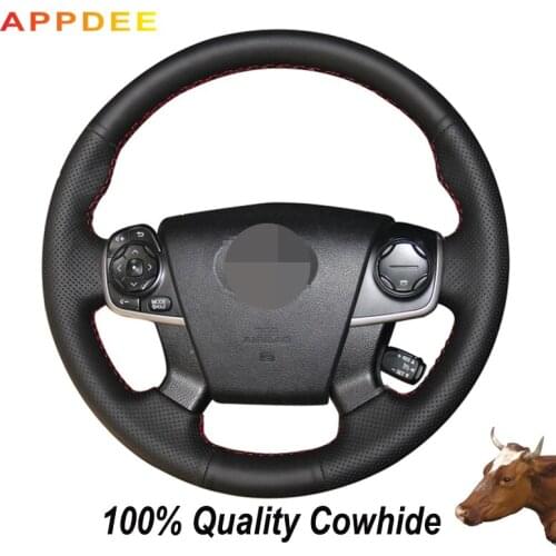 APPDEE Hand-stitched Black Genuine Leather Steering Wheel Cover for Toyota Camry 2012 2013 2014 2015