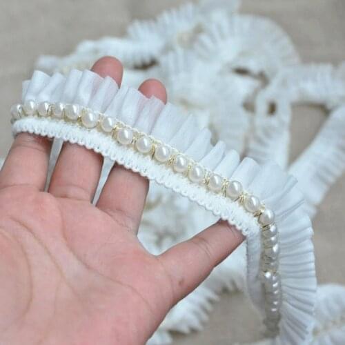 White Lace Beads Pearl Trim with Ruffle Chiffon Lace Trim Ribbon for Collar Decoration and DIY craft -Times