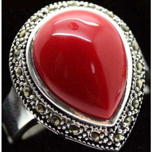 Free Shipping 25*20mm RARE JEWELRY DROP RED Coral 925 RING SIZE 7/8/9/10