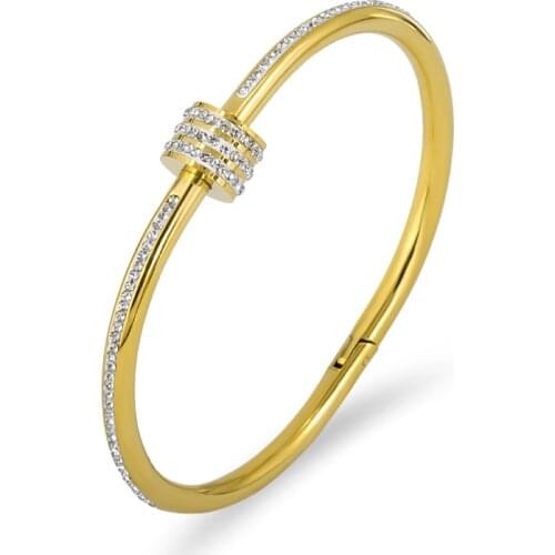 Luxury Full Crystals Screw Charm Cuff Bangle For Women Fashion Jewelry Cubic Zirconia Nail Bangles Gold Silver Bijou Accessories