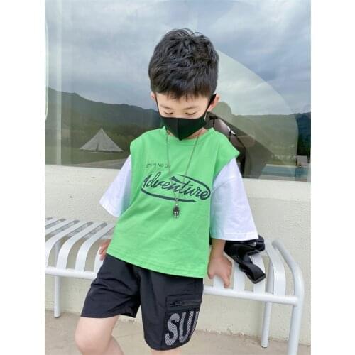 Korean Style Baby Boys T Shirts 2021 Summer New Kids Fashion Fake Two Tops Casual Loose Letter Print T-shirt for Big Boy 2-10 Y