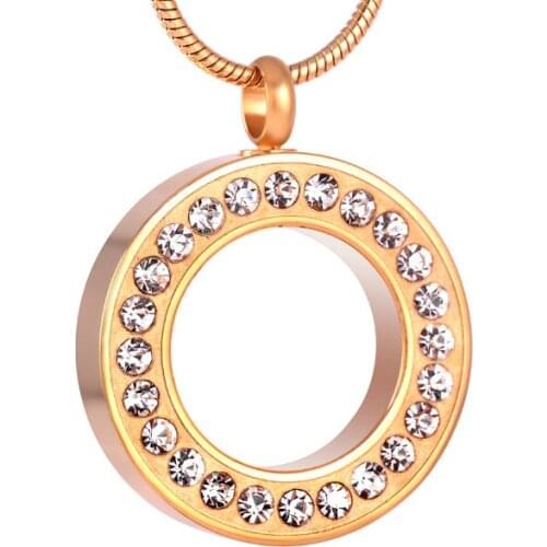 IJD8515 Inlay Crystal Margin Circle Cremation Urn Necklace for Women Stainless Steel Ashes Holder Keepsake Memorial Urn Jewelry