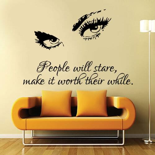 People Will Stare Make It Worth Their While Beauty Salon Quotes Wall Sticker Eyes Lashes & Brows Makeup Decor Room Mural S268