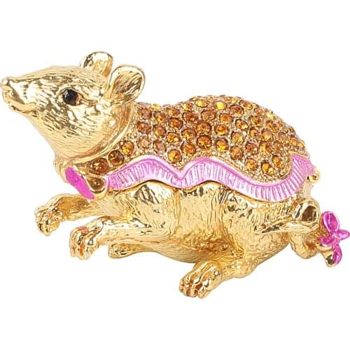Cute Rhinestones Rat Jewelry Trinket Box Hinged Hand-Painted Animal Figurine Christmas Gift Keepsake Craft Ornament Collectible