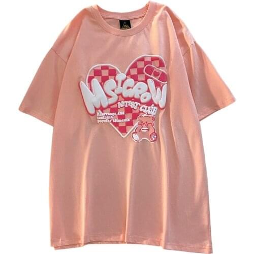 Fashion 2021 New Design Summer Clothes Women T Shirt Embossing Cube Lattice Letter Tees Pink Love Heart Cotton Loose Tops Female