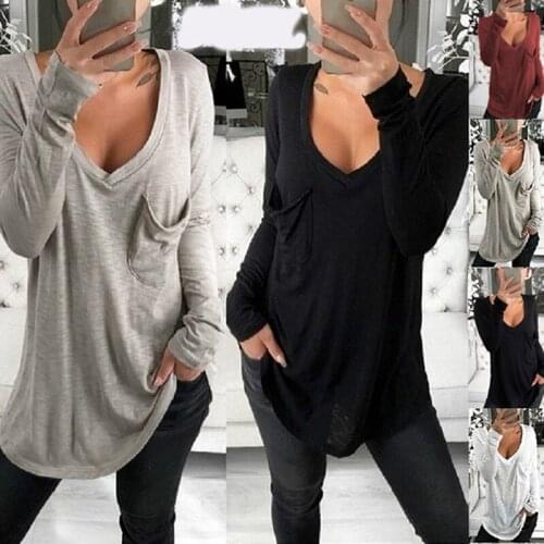Fashion Ladies Long Sleeve V-Neck T-Shirt Female Solid Color Pockat TeesT Shirt New Autumn Women Tops For Women