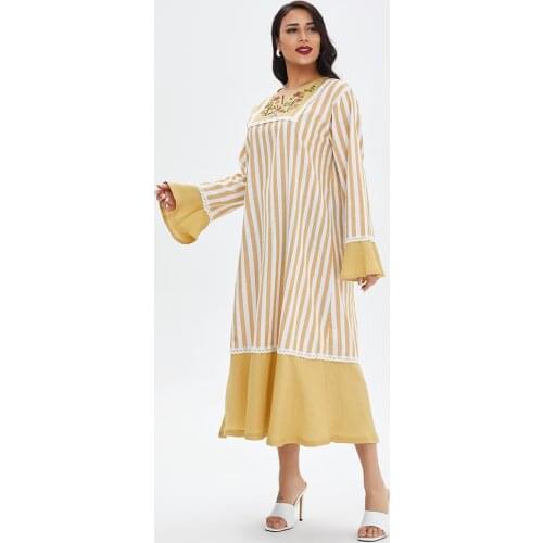 Muslim Clothing Ladies Casual Loose Dubai Turkish Abaya Robe Ladies Muslim Long Skirt Long Sleeve Dress Striped Print Long Skirt