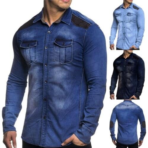 Mens Patch Sleeve Casual Washed Denim Shirt Slim Long-Sleeved Denim Shirt Big Pocket Cowboy Shirts