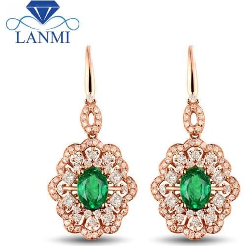 Genuine Emerald Earrings Oval Shape Solid 18K Rose Gold Diamond Gemstone Jewelry Luxury Design for Wife Christmas Gift SE0303