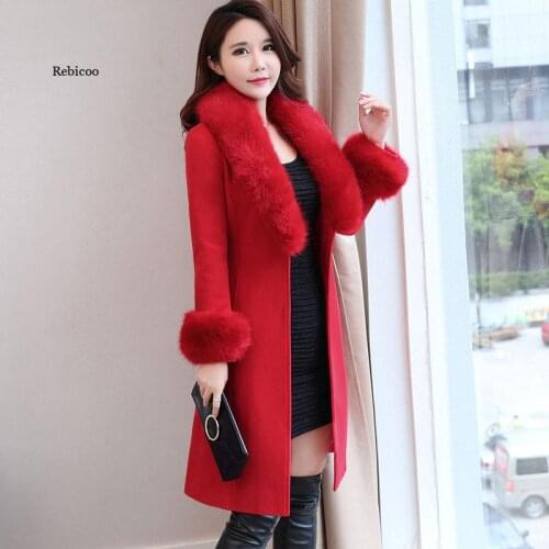 Womens Woolen Coat Mid-Length Fashion Slim-Fit Lace Large Woolen Coat with Detachable Fur Collar Trend