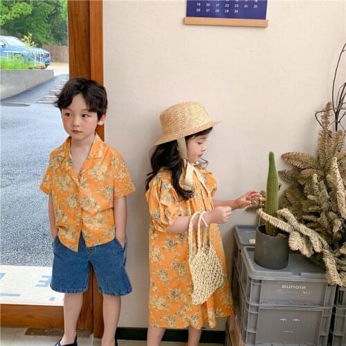 Summer New Girls Dress Korean Style Kids Baby Girls Puff Sleeve Floral Cute Dress Childrens Fashion Princess Dress Girl Clothes