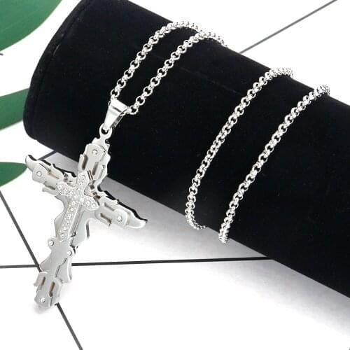 Cross Pendant Golden Color Faceted Curb Chain Silver Color Rolo Chain Necklace For Men High Quality Stainless Steel