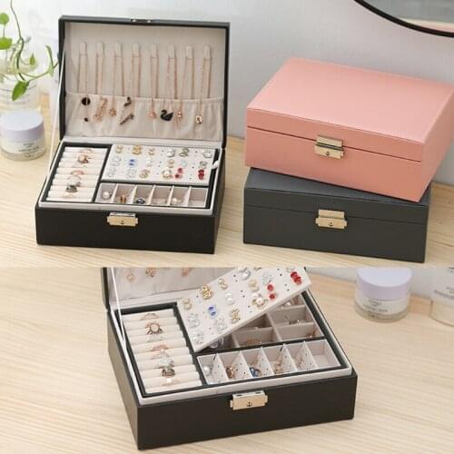 Protable Travel PU Double Layers Jewelry Box Display Organizer Earrings Holder F3MF
