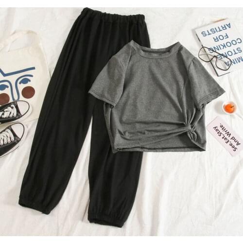 QWEEK Korean Style Tees + High Waist Wide Leg Pants Solid Two Pieces Pajama Set Women Loose Sleepwear Home Suit