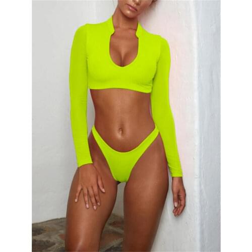 Sexy Neon Yellow Micro Bikini Women Push Up Brazilian Thong Swimsuit Long Sleeve Top Bathing Suit String Bikini Traje De Bano
