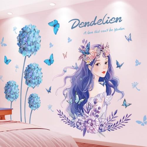 [SHIJUEHEZI] Cartoon Girl Butterflies Wall Stickers DIY Flower Plants Mural Decals for Baby Room Kids Bedroom House Decoration