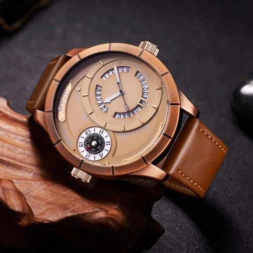 Oulm Sports Men Watches Two Different Time Zone Unique Calendar Quartz Watch Male Luxury Brand Big Size Mens Wristwatch