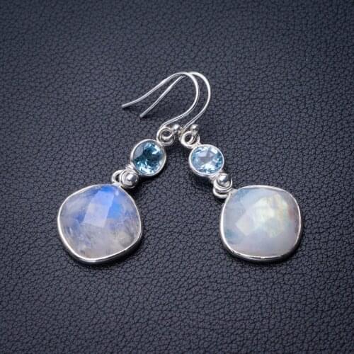 StarGems Natural Rainbow Moonstone And Blue Topaz Handmade 925 Sterling Silver Earrings 1.75" D7702