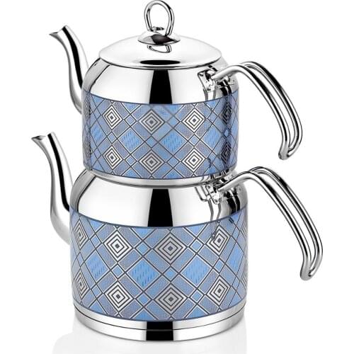 FAMILY / BIG SIZE - Turkish Tea Maker BLUE Color Teapot Set 18/10 Cr-Ni Stainless Steel A+ BEST QUALITY Tea pot Made in Turkey