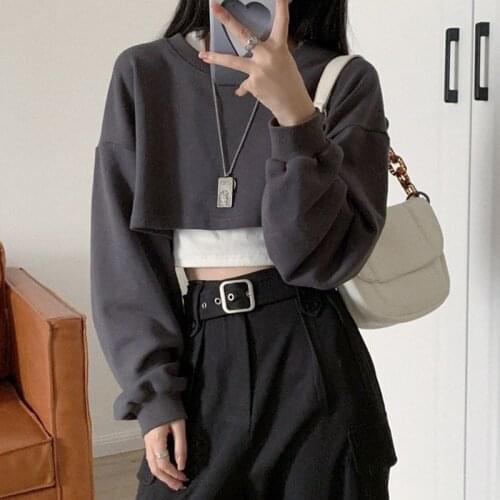 Stack and wear short round neck sweater, hot girl, high waist, navel, short long sleeve sweater and two-piece suit