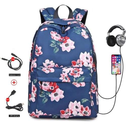 USB Charging Port Waterproof Nylon Floral School Bags for Girls Kids Bags College Bookbag Daypack Travel Laptop Backpack Women