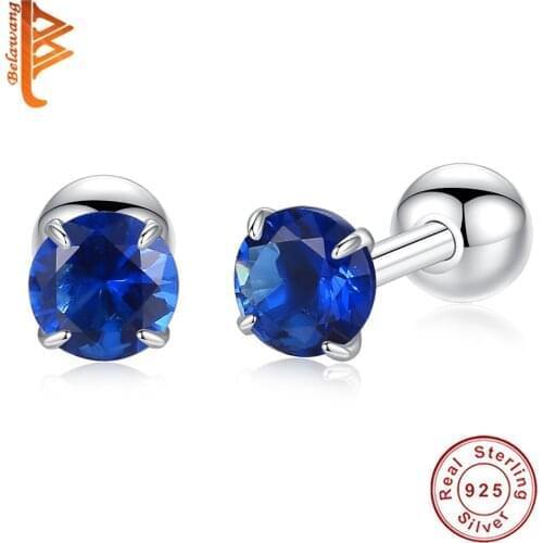 BELAWANG Classic Authentic 925 Sterling Silver Blue Shinning Rhinestone Stud Earrings for Women Mom Mothers Day Jewelry Gift