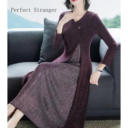 2021 Spring New Arrival High Quality Hot Sale Fake Two Pieces Knitting Chiffon Woman Long Dress M-5XL