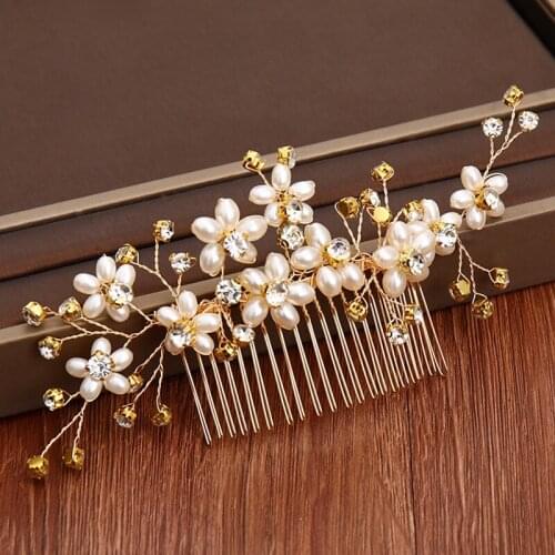 Gold Bridal Hair Comb Rhinestone Pearl Wedding Hair Accessories Tiara Handmade Bridal Jewelry Hair Comb Wedding Head Decoration