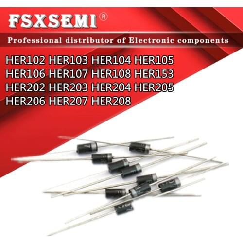 100pcs HER102 HER103 HER104 HER105 HER106 HER107 HER108 HER153 HER202 HER203 HER204 HER205 HER206 HER207 HER208 Rectifier diode