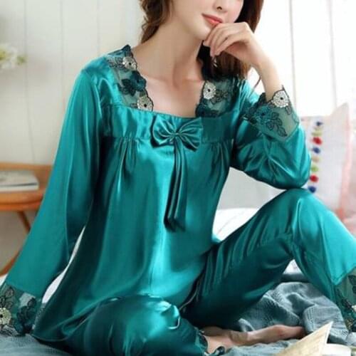 Nightgown Two-piece Sleepwear Long Sleeve Lace Stitching Bowknot Sexy Pajamas Homewear 2020 Spring Autumn Women Pajamas Set