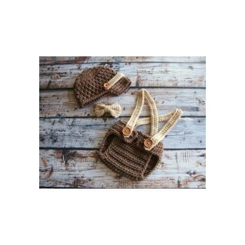 Free shipping,Crochet Baby coffee newsboy hat,khaki Bow tie with matching overalls shorts baby Set Newborn Photo Prop NB-3M gift