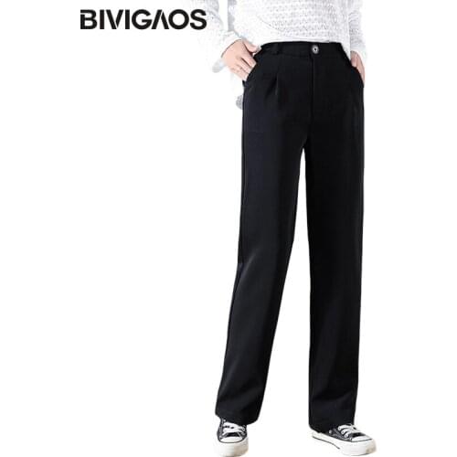 BIVIGAOS Spring New Women Black Single Button Suit Pants Retro Style Slim Ladys Drape Straight Wide Leg Pants OL Trousers Women