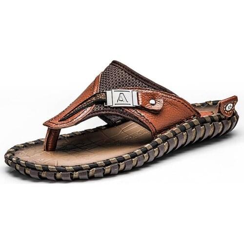 Brand Mens Luxury Flip Flops 2020 Genuine Leather Slippers Summer Beach Shoes For Men Fashion Outdoor Sandals Male Plus Size 48