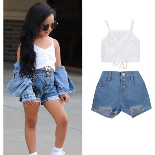 Citgeett Summer Kids Baby Girls Suit Set Solid White V-Neck Short Tops+ Denim Shorts Clothes Set 1-6Years