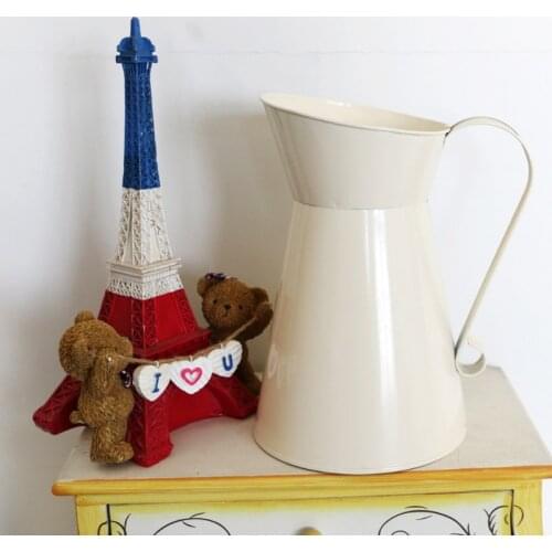 M68E Rustic White Watering Milk Jug Vase with Handle Coffee Pot Shaped Flower Pot Vintage Home Decor Gardening Supplies