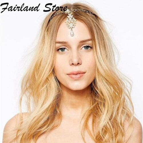 Fairland Rhinestone Bridal Hair Chain Pearl Forehead Headpiece Crystal Wedding Indian Head Jewelry Girls Women Hair Accessories