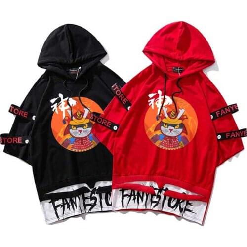 Ukiyo Cat Hooded top tees Ribbon T Shirts Oversize hip hop Short Sleeve Streetwear tshirts wholesale Casual cotton homme clothes