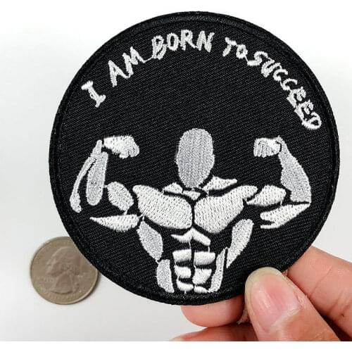 PGY Round Black&White Strong Man Patches I Born Namely Success Appliques Letter Back Rubber Embroidery Clothing DIY Parches