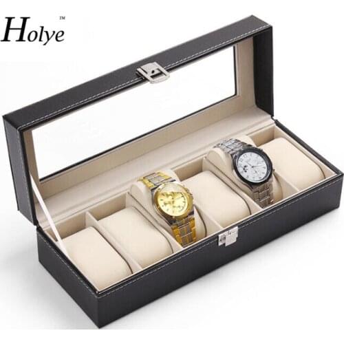 Hot Sale Good Quality WristWatch Display Storage Organizer Box Charms Watch Container 6 Cell Leather Windowed Case watch box