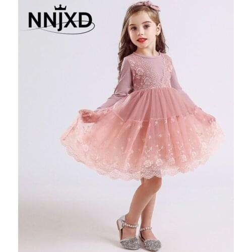 Soft Cotton Girls Autumn Dress Lace Embroidery Princess Holiday Clothing 3-8Y Winter Flower Long Sleeves Kids Girl Party Dress