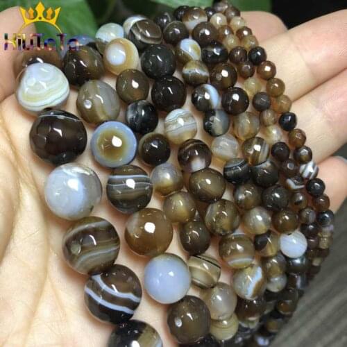Natural Faceted Coffee Striated Agates Onyx Beads Round Loose Beads For Jewelry Making DIY Bracelet Necklace 15'' 4/6/8/10/12mm